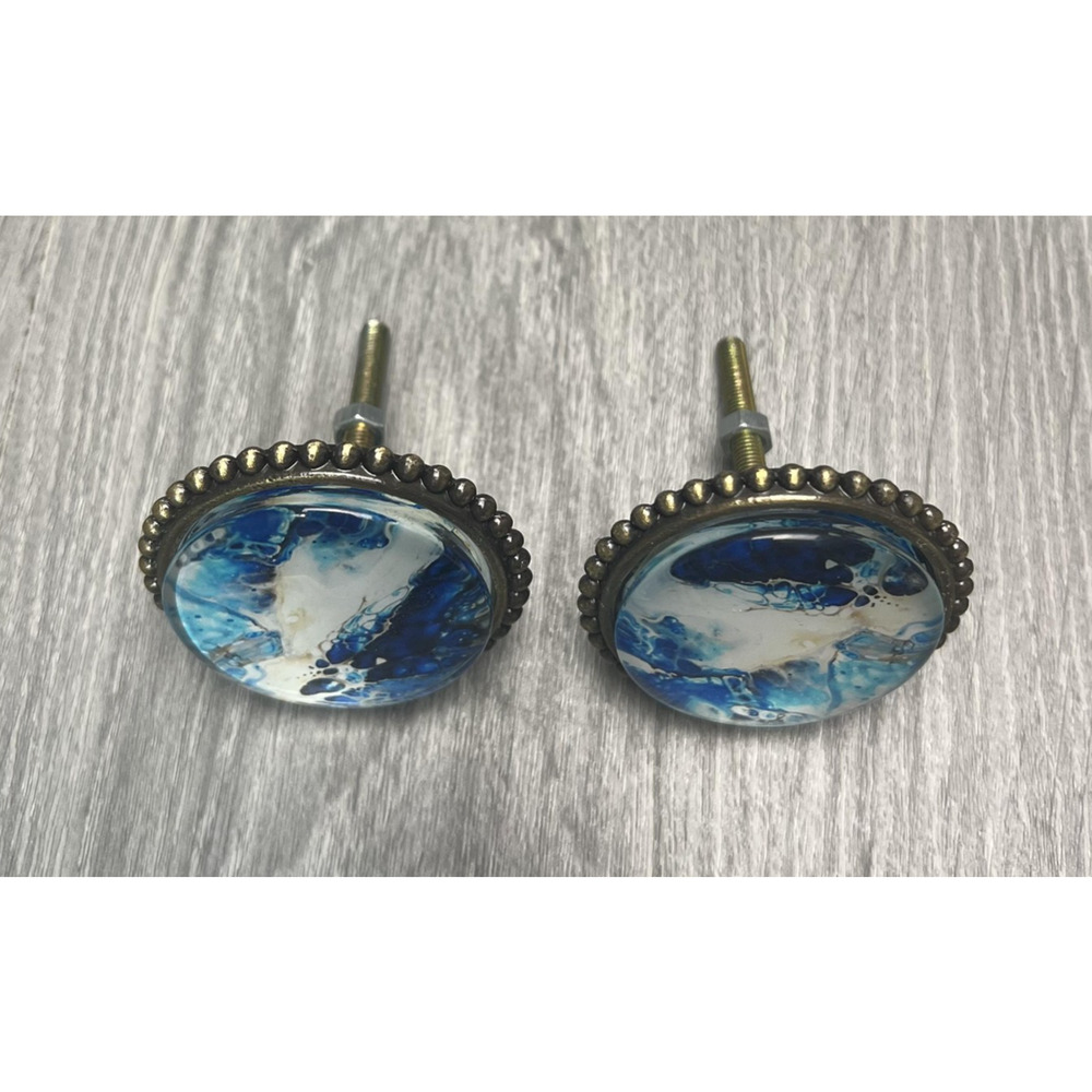 Set of 2 Round Blue White Dome Cabinet Knobs Drawer Pulls Antique Brass Marbled - Picture 2 of 9